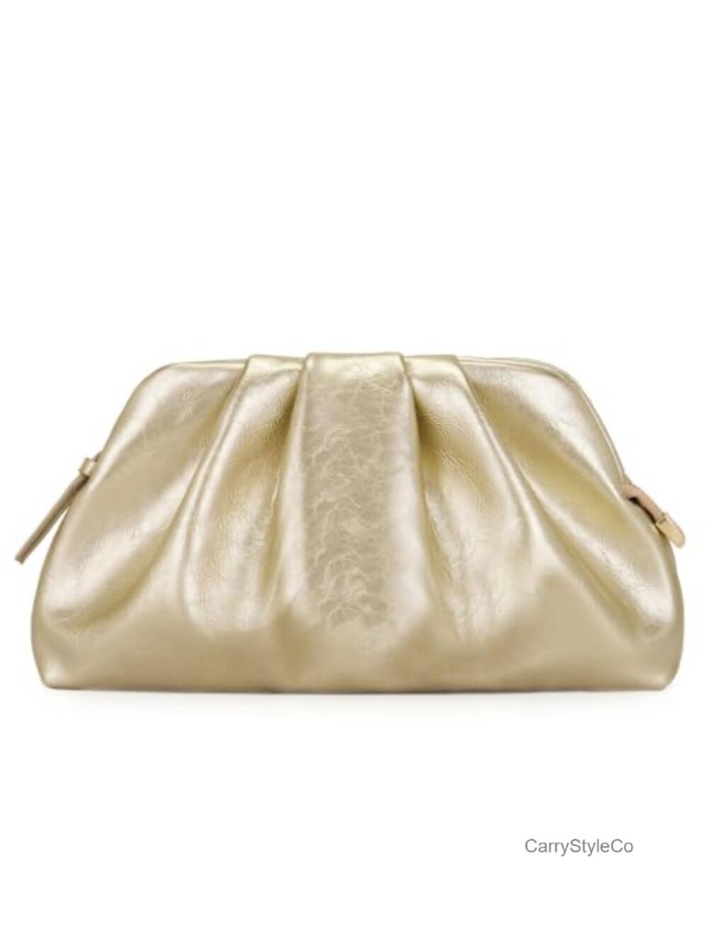 Shiny Leather Pleated Evening Clutch with Metal Zipper & Strap